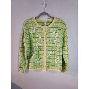 Vtg Talbots Womens Button Spring Cardigan Sweater 3D Floral Soft Knit Plaid L